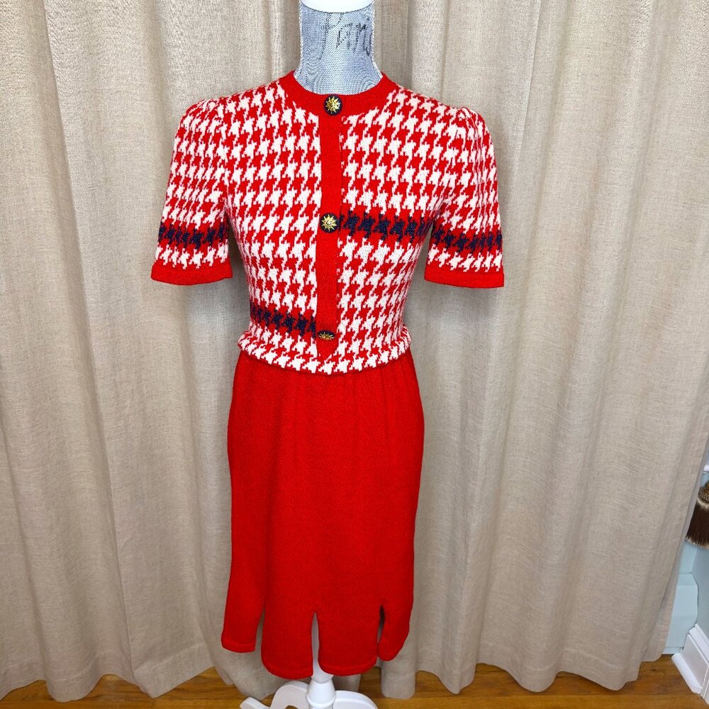 Vintage Adolfo New York Knit Red Houndstooth Dress, Neiman Marcus, Size 4